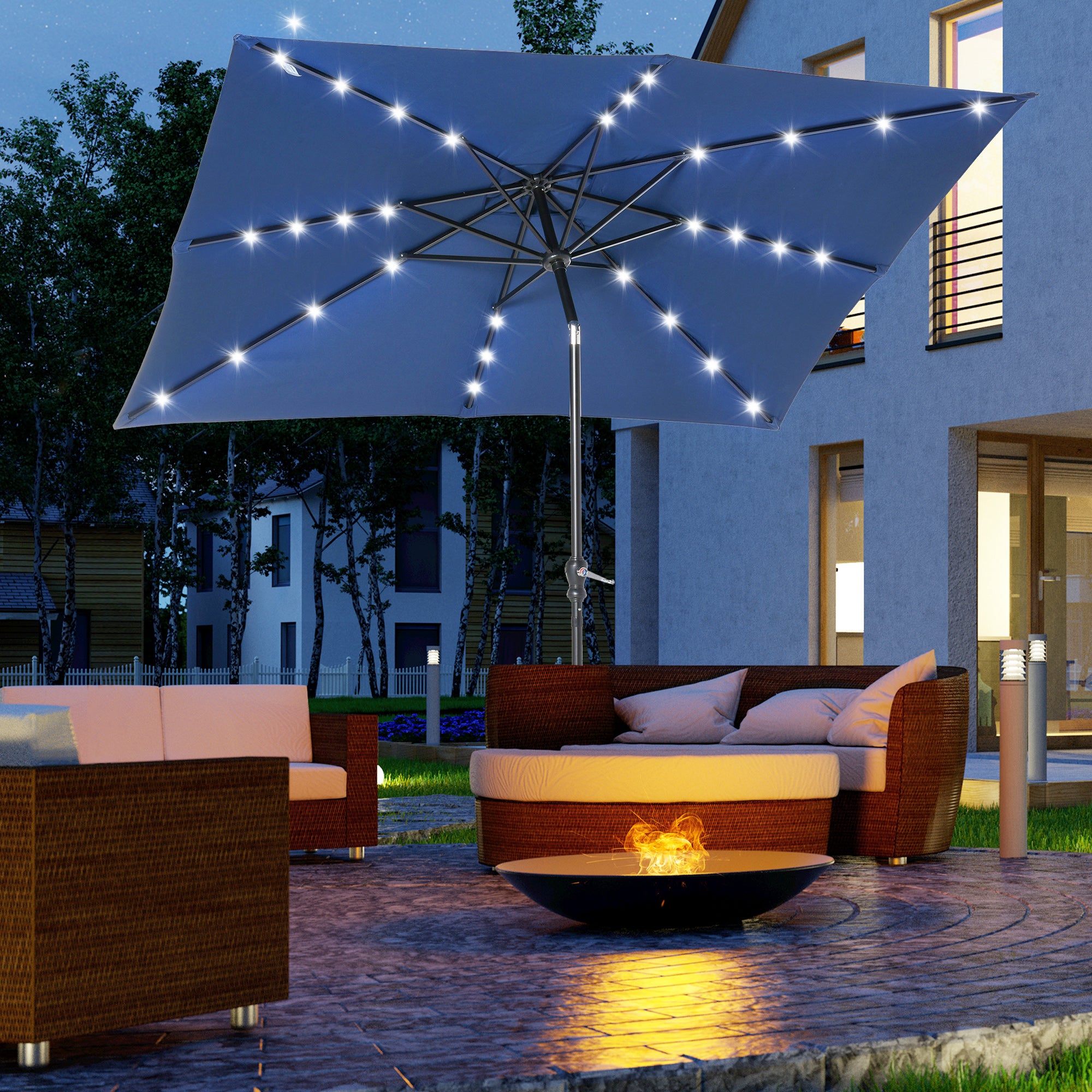 illuminated patio umbrellas Outsunny 9 x 7 ft Patio Umbrella Outdoor Table Market with Crank Solar LED Lights Tilt Button for Deck Pool Blue