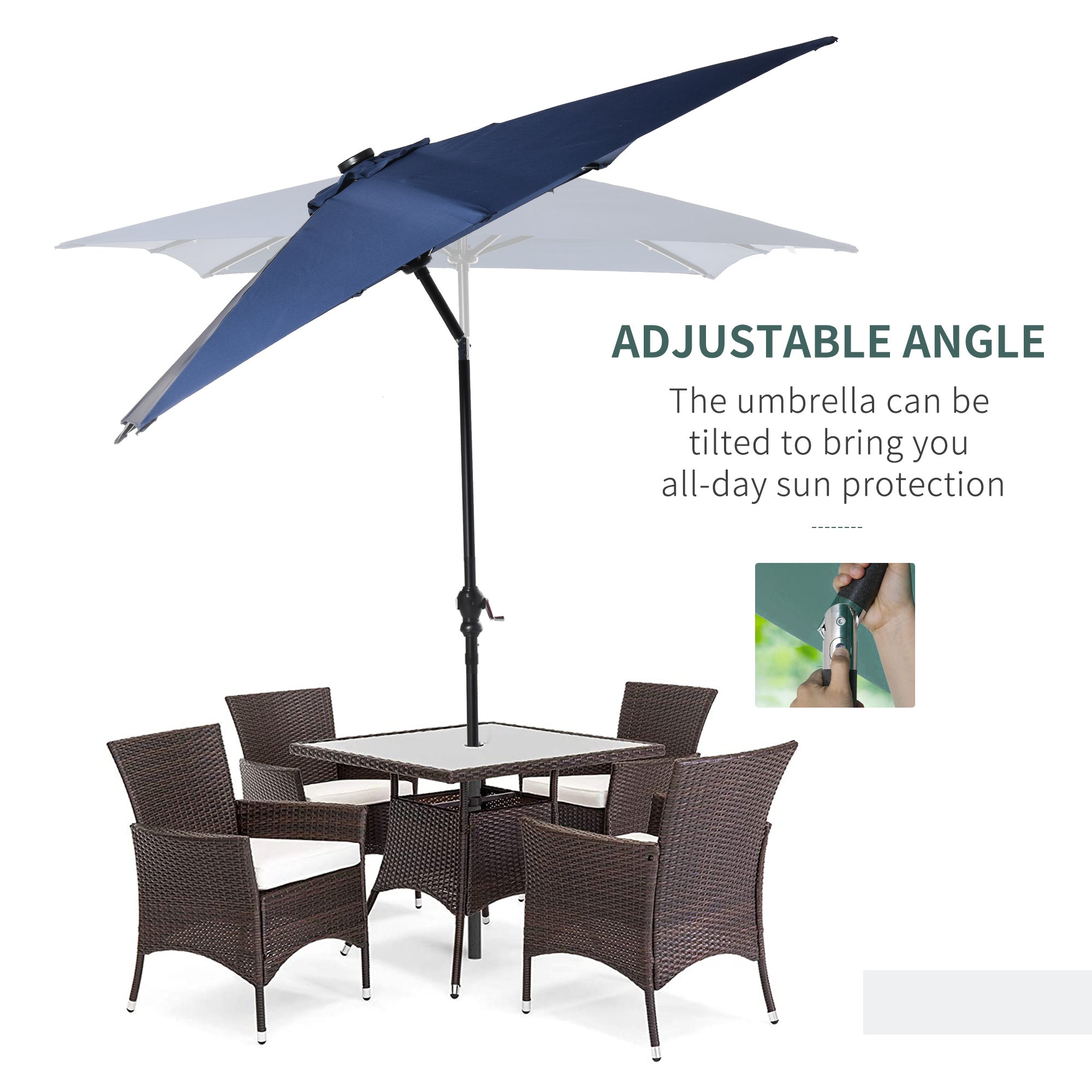 7ft patio umbrella with solar lights Outsunny 9 x 7 ft Patio Umbrella Outdoor Table Market with Crank Solar LED Lights Tilt Button for Deck Pool Blue
