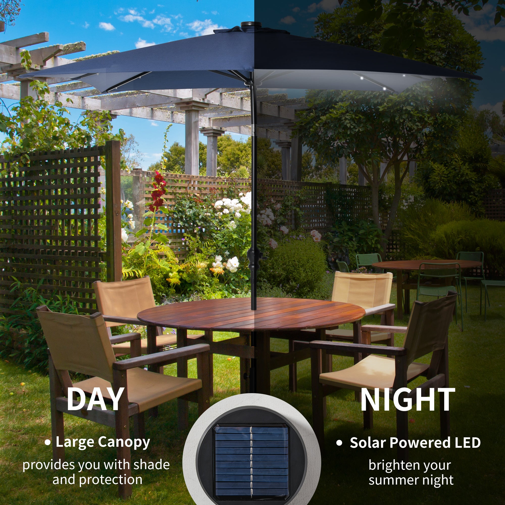 6 ft patio umbrellas with solar leed lights Outsunny 9 x 7 ft Patio Umbrella Outdoor Table Market with Crank Solar LED Lights Tilt Button for Deck Pool Blue