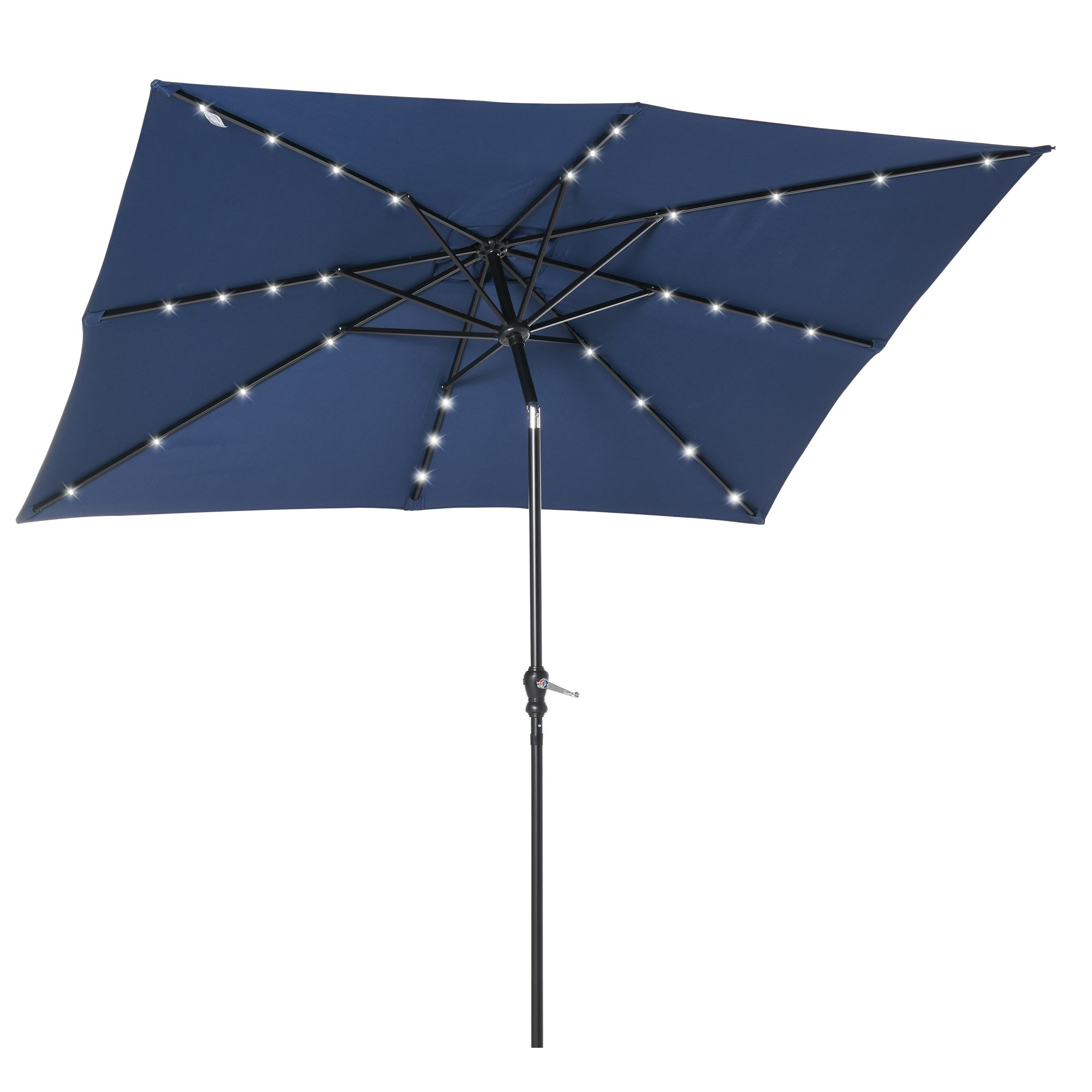 lighted rectangluar patio umbrella navy Outsunny 9 x 7 ft Patio Umbrella Outdoor Table Market with Crank Solar LED Lights Tilt Button for Deck Pool Blue