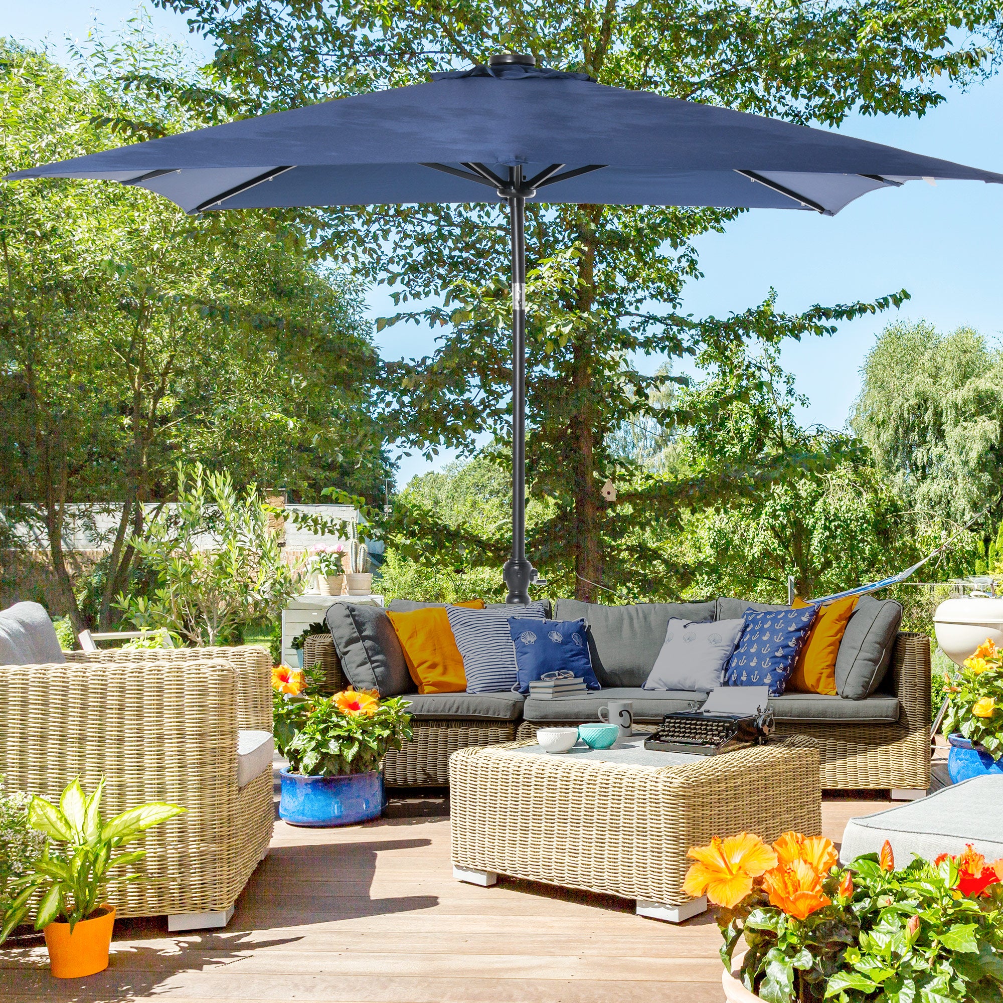 led patio umbrella blue Outsunny 9 x 7 ft Patio Umbrella Outdoor Table Market with Crank Solar LED Lights Tilt Button for Deck Pool Blue