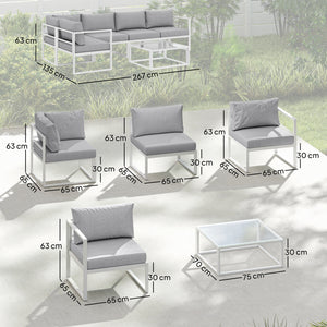 6 Seater Aluminium Garden Furniture Set, Extra Deep Garden Sofa Set with Coffee Table and Thick Cushions, Furniture Conversation Sets for Patio and Balcony, Outdoor, Light Grey