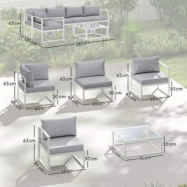 6 Seater Aluminium Garden Furniture Set, Extra Deep Garden Sofa Set with Coffee Table and Thick Cushions, Furniture Conversation Sets for Patio and Balcony, Outdoor, Light Grey