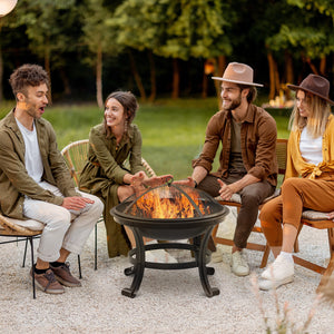 21.7" x 21.7" x 19.7" Outdoor Fire Pit with Mesh Lid, Wood Burner, Log Burning Bowl with Poker for Patio, Backyard, Black