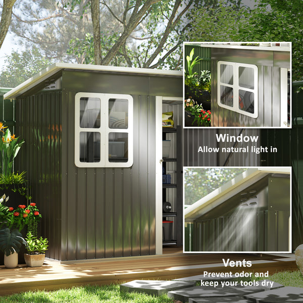 7' x 4' Outdoor Storage Shed, Galvanised Steel Garden Shed with Window, Lockable Wide Door and Air Vents for Outdoor Patio, Dark Grey