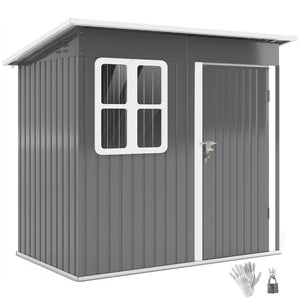 7' x 4' Outdoor Storage Shed, Galvanised Steel Garden Shed with Window, Lockable Wide Door and Air Vents for Outdoor Patio, Dark Grey