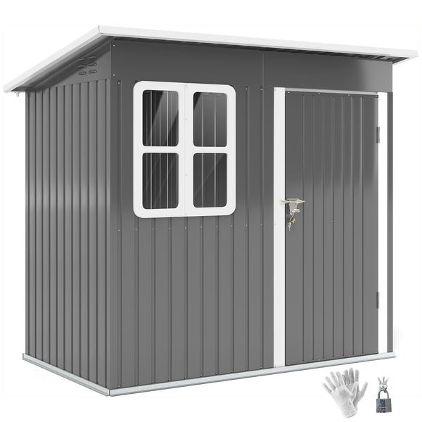 7' x 4' Outdoor Storage Shed, Galvanised Steel Garden Shed with Window, Lockable Wide Door and Air Vents for Outdoor Patio, Dark Grey