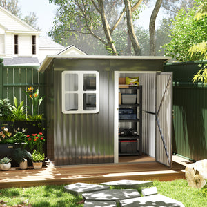 7' x 4' Outdoor Storage Shed, Galvanised Steel Garden Shed with Window, Lockable Wide Door and Air Vents for Outdoor Patio, Dark Grey