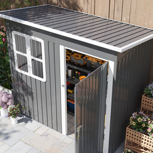 7' x 4' Outdoor Storage Shed, Galvanised Steel Garden Shed with Window, Lockable Wide Door and Air Vents for Outdoor Patio, Dark Grey