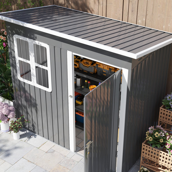7' x 4' Outdoor Storage Shed, Galvanised Steel Garden Shed with Window, Lockable Wide Door and Air Vents for Outdoor Patio, Dark Grey