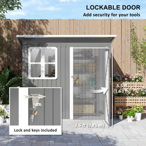 7' x 4' Outdoor Storage Shed, Galvanised Steel Garden Shed with Window, Lockable Wide Door and Air Vents for Outdoor Patio, Dark Grey