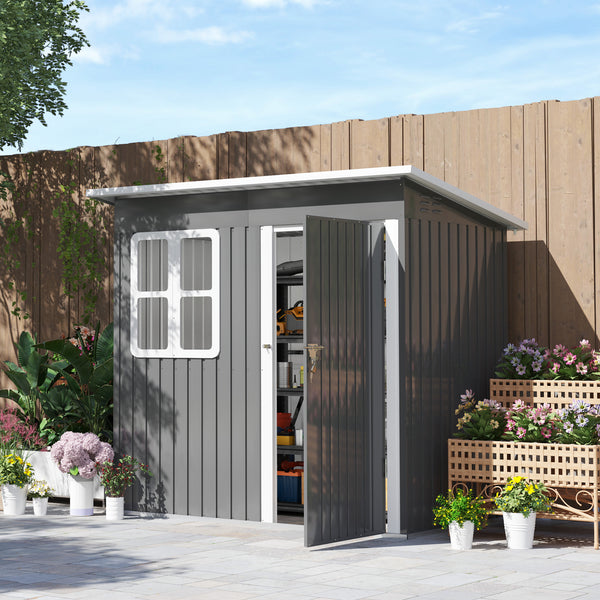 7' x 4' Outdoor Storage Shed, Galvanised Steel Garden Shed with Window, Lockable Wide Door and Air Vents for Outdoor Patio, Dark Grey