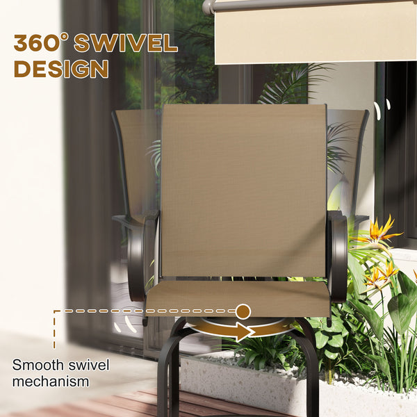 Outdoor Bar Stools Set of 2 with Armrests, 360° Swivel Bar Height Patio Chairs with Mesh Fabric, Steel Frame Dining Chairs, for Balcony, Poolside, Backyard, Tan