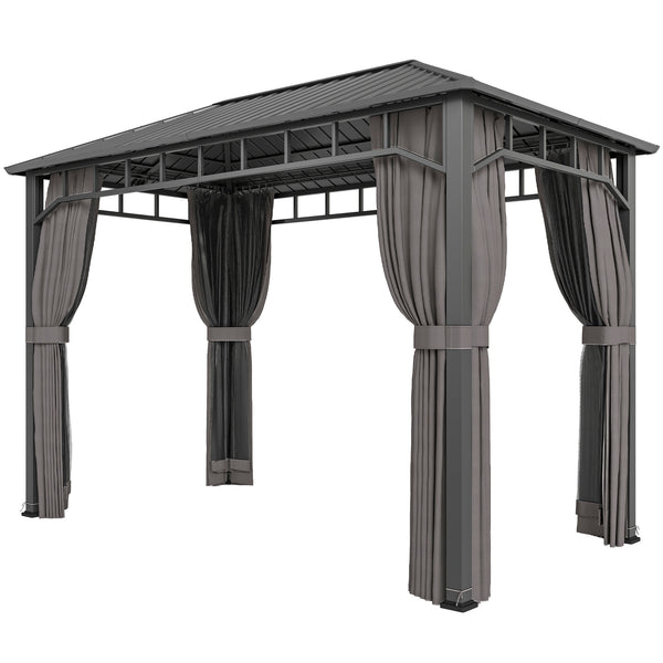 2 x 3.5 m Hardtop Gazebo with Galvanised Steel Roof, Waterproof Permanent Pavilion Garden Gazebo with Netting and Curtains for Patio, Deck, Dark Grey