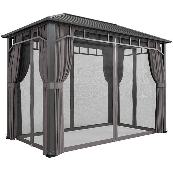 2 x 3.5 m Hardtop Gazebo with Galvanised Steel Roof, Waterproof Permanent Pavilion Garden Gazebo with Netting and Curtains for Patio, Deck, Dark Grey