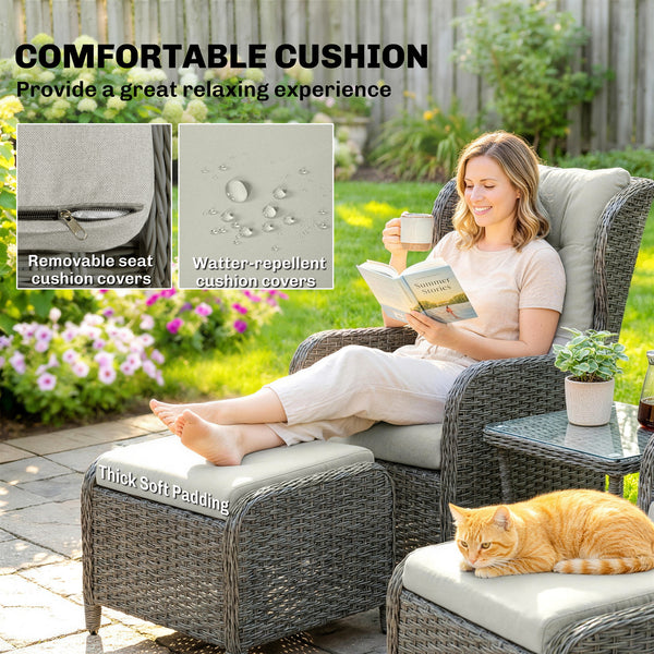 5 Piece Garden Furniture Set, Rattan Reclining Garden Chair Set of 2 with Glass-Top Coffee Table, Footstool and Thickness Cushion for Balcony, Patio, Cream White