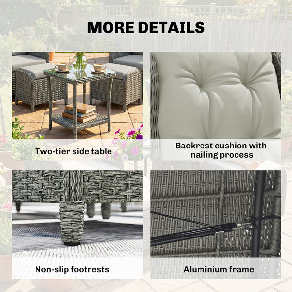 5 Piece Garden Furniture Set, Rattan Reclining Garden Chair Set of 2 with Glass-Top Coffee Table, Footstool and Thickness Cushion for Balcony, Patio, Cream White