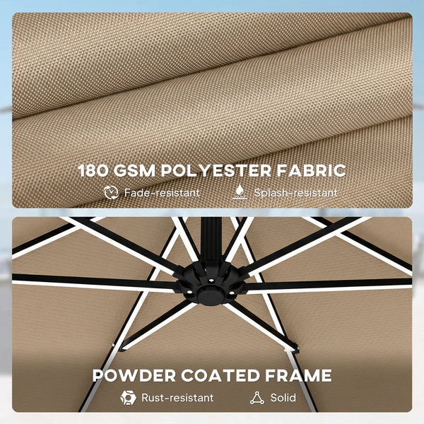 3 m Garden Cantilever Parasol with LED Solar Light, Round Overhanging Umbrella with 6-Position 360° Rotation, Crank Handle, Tilt, Cover, Banana Patio Umbrella for Outdoor Sun Shade, Khaki