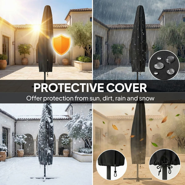 3 m Garden Cantilever Parasol with LED Solar Light, Round Overhanging Umbrella with 6-Position 360° Rotation, Crank Handle, Tilt, Cover, Banana Patio Umbrella for Outdoor Sun Shade, Khaki