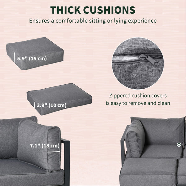 6 Pieces Outdoor Patio Furniture Set, Space-Saving Aluminum Outdoor Daybed, Thickened Cushions, Outdoor Sectional Conversation Set with Coffee Table, Footstools, Grey