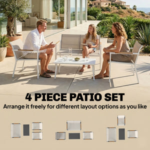 4 Seater Garden Furniture Set with Loveseat, 2 Armchairs, Metal-Top Table, Metal Garden Sofa Set with Breathable Mesh Seats, Outdoor Furniture Conversation Sets, Khaki