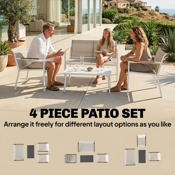 4 Seater Garden Furniture Set with Loveseat, 2 Armchairs, Metal-Top Table, Metal Garden Sofa Set with Breathable Mesh Seats, Outdoor Furniture Conversation Sets, Khaki