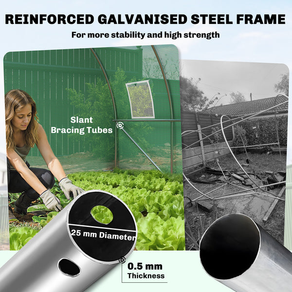 10' x 13' Walk-in Polytunnel Greenhouse with Hinged Door and 8 Roll Up Mesh Windows, Garden Tunnel Warm House Tent with UV-resistant PE Cover, Galvanised Steel Frame, Green