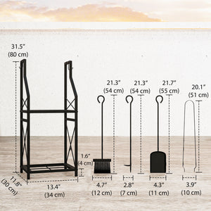 13 Inch Firewood Log Rack with 4 Tools, 2-Tier Heavy Duty Steel Log Store Indoors with Hooks, 132 lb Capacity Fireplace Log Storage Holder for Indoor/Outdoor, Black