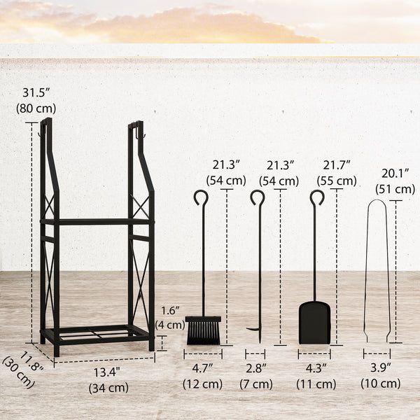 13 Inch Firewood Log Rack with 4 Tools, 2-Tier Heavy Duty Steel Log Store Indoors with Hooks, 132 lb Capacity Fireplace Log Storage Holder for Indoor/Outdoor, Black