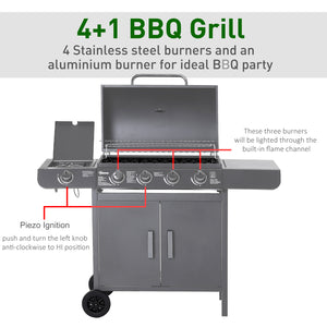 4+1 Burner Gas BBQ Grill, Outdoor Barbecue Trolley with Wheels, Warming Rack, Side Shelves, Cabinet, Thermometer for Garden, Party, Camping, 125 L x 51 W x 100 H cm, Grey
