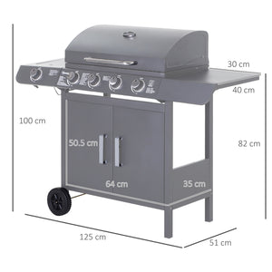 4+1 Burner Gas BBQ Grill, Outdoor Barbecue Trolley with Wheels, Warming Rack, Side Shelves, Cabinet, Thermometer for Garden, Party, Camping, 125 L x 51 W x 100 H cm, Grey