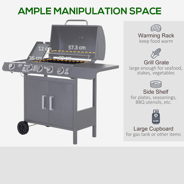 4+1 Burner Gas BBQ Grill, Outdoor Barbecue Trolley with Wheels, Warming Rack, Side Shelves, Cabinet, Thermometer for Garden, Party, Camping, 125 L x 51 W x 100 H cm, Grey