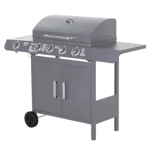 4+1 Burner Gas BBQ Grill, Outdoor Barbecue Trolley with Wheels, Warming Rack, Side Shelves, Cabinet, Thermometer for Garden, Party, Camping, 125 L x 51 W x 100 H cm, Grey