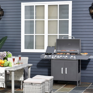 4+1 Burner Gas BBQ Grill, Outdoor Barbecue Trolley with Wheels, Warming Rack, Side Shelves, Cabinet, Thermometer for Garden, Party, Camping, 125 L x 51 W x 100 H cm, Grey