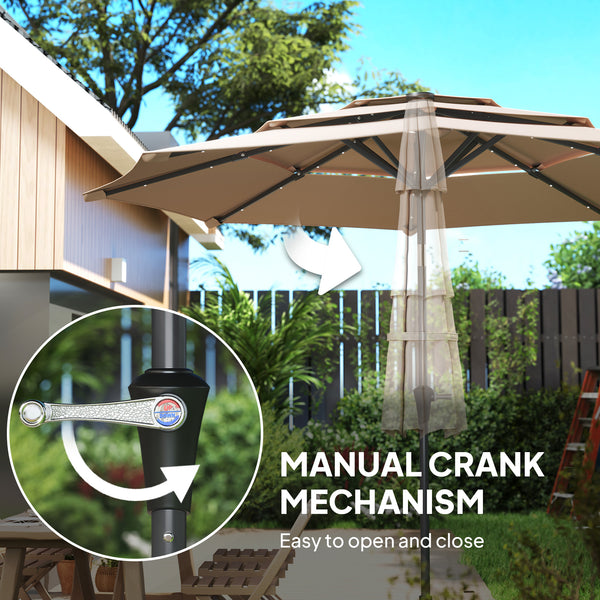 2.6 m Garden Parasol with Solar LED Lights, 3-Tier Patio Umbrella Outdoor with Tilt Mechanism & Crank Handle, UPF 30+, Table Umbrella for Market Terrace, Khaki
