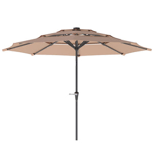 2.6 m Garden Parasol with Solar LED Lights, 3-Tier Patio Umbrella Outdoor with Tilt Mechanism & Crank Handle, UPF 30+, Table Umbrella for Market Terrace, Khaki