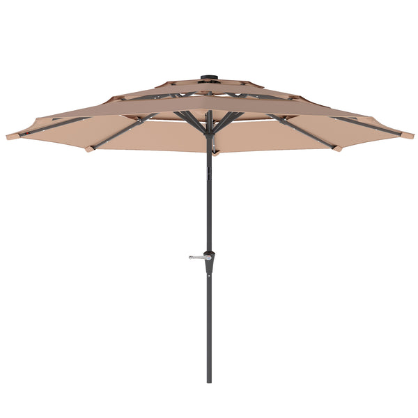 2.6 m Garden Parasol with Solar LED Lights, 3-Tier Patio Umbrella Outdoor with Tilt Mechanism & Crank Handle, UPF 30+, Table Umbrella for Market Terrace, Khaki