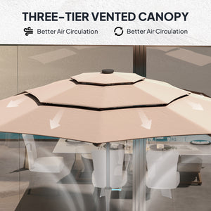 2.6 m Garden Parasol with Solar LED Lights, 3-Tier Patio Umbrella Outdoor with Tilt Mechanism & Crank Handle, UPF 30+, Table Umbrella for Market Terrace, Khaki