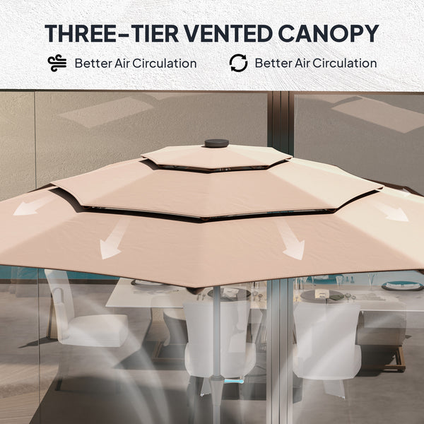2.6 m Garden Parasol with Solar LED Lights, 3-Tier Patio Umbrella Outdoor with Tilt Mechanism & Crank Handle, UPF 30+, Table Umbrella for Market Terrace, Khaki