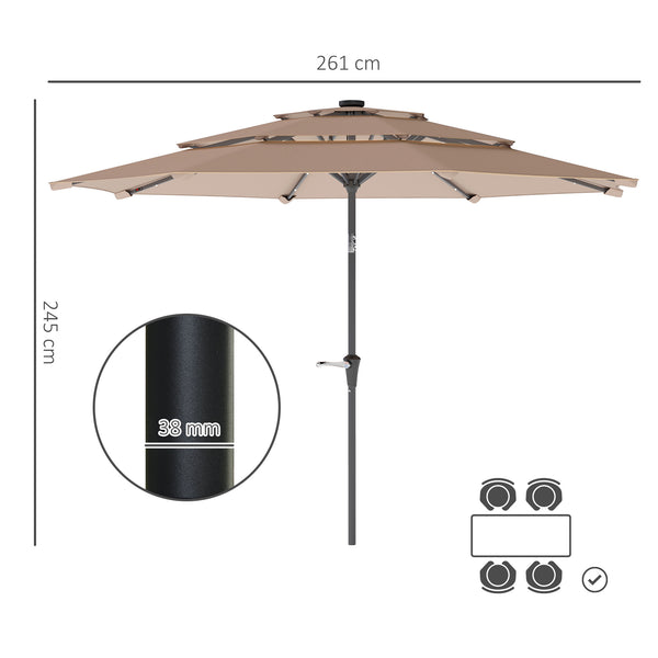 2.6 m Garden Parasol with Solar LED Lights, 3-Tier Patio Umbrella Outdoor with Tilt Mechanism & Crank Handle, UPF 30+, Table Umbrella for Market Terrace, Khaki