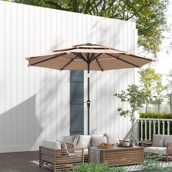 2.6 m Garden Parasol with Solar LED Lights, 3-Tier Patio Umbrella Outdoor with Tilt Mechanism & Crank Handle, UPF 30+, Table Umbrella for Market Terrace, Khaki
