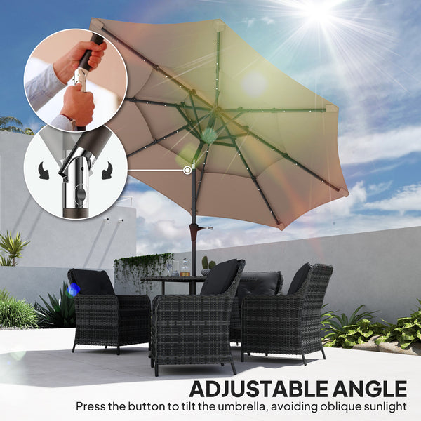 2.6 m Garden Parasol with Solar LED Lights, 3-Tier Patio Umbrella Outdoor with Tilt Mechanism & Crank Handle, UPF 30+, Table Umbrella for Market Terrace, Khaki