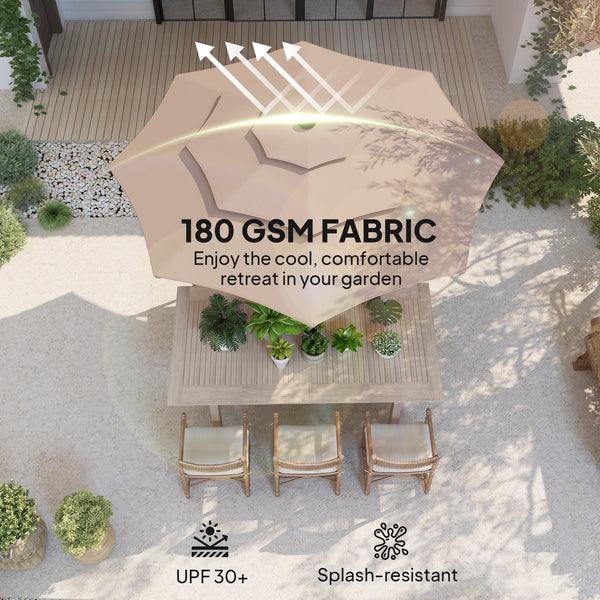 2.6 m Garden Parasol with Solar LED Lights, 3-Tier Patio Umbrella Outdoor with Tilt Mechanism & Crank Handle, UPF 30+, Table Umbrella for Market Terrace, Khaki