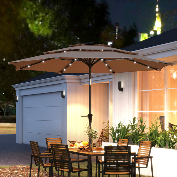 2.6 m Garden Parasol with Solar LED Lights, 3-Tier Patio Umbrella Outdoor with Tilt Mechanism & Crank Handle, UPF 30+, Table Umbrella for Market Terrace, Khaki