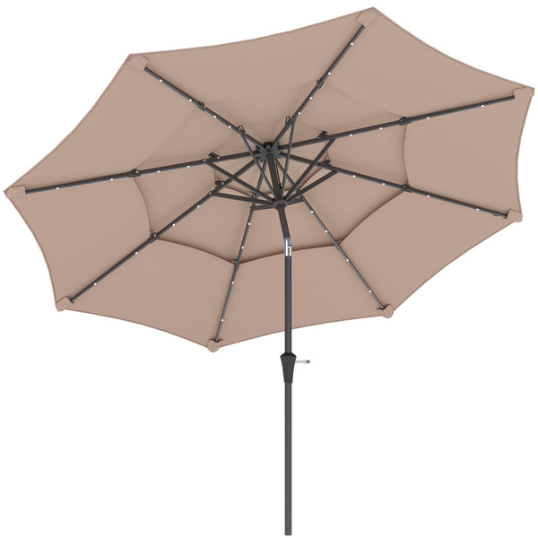2.6 m Garden Parasol with Solar LED Lights, 3-Tier Patio Umbrella Outdoor with Tilt Mechanism & Crank Handle, UPF 30+, Table Umbrella for Market Terrace, Khaki