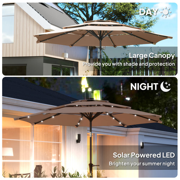 2.6 m Garden Parasol with Solar LED Lights, 3-Tier Patio Umbrella Outdoor with Tilt Mechanism & Crank Handle, UPF 30+, Table Umbrella for Market Terrace, Khaki