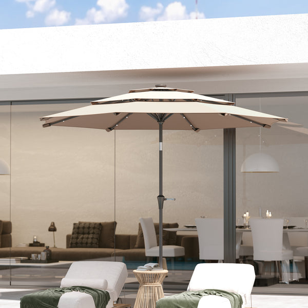 2.6 m Garden Parasol with Solar LED Lights, 3-Tier Patio Umbrella Outdoor with Tilt Mechanism & Crank Handle, UPF 30+, Table Umbrella for Market Terrace, Khaki