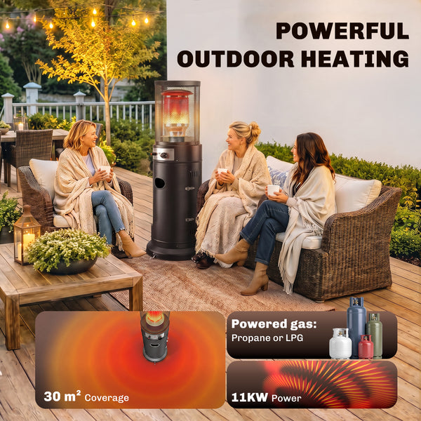 Gas Patio Heater, 11 kW Portable Propane Outdoor Heater with Stepless Heat Control, Pulse Ignition, Protective Mesh, Tip-over Protection, 2 Wheels for Garden, Black