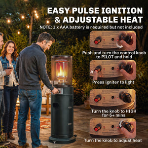 Gas Patio Heater, 11 kW Portable Propane Outdoor Heater with Stepless Heat Control, Pulse Ignition, Protective Mesh, Tip-over Protection, 2 Wheels for Garden, Black