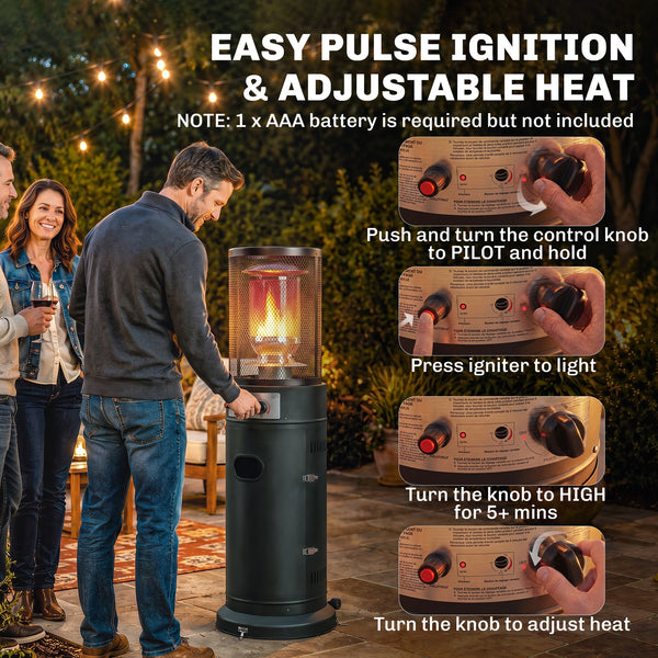 Gas Patio Heater, 11 kW Portable Propane Outdoor Heater with Stepless Heat Control, Pulse Ignition, Protective Mesh, Tip-over Protection, 2 Wheels for Garden, Black